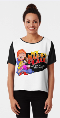 My Happy Place had chocolate and wine and books. Design by Jim Barker Cartoon Illusstration. Available on Redbubble